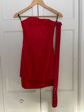 Jessica McClintock Strapless Red Double-Breasted Mini Dress with Belt